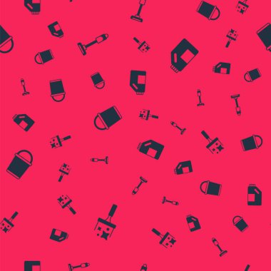 Lastik temizleyiciyi pencere, süpürge, süpürge, kova ve şişe temizleme maddesini kusursuz desene ayarlayın. Vektör