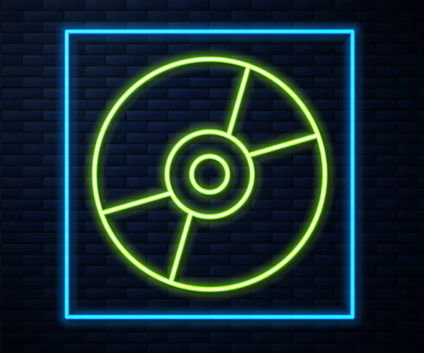 Glödande neon linje Vinyl disk ikon isolerad på tegel vägg bakgrund. Vektor — Stock vektor