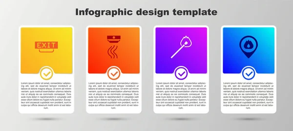 Conjunto de salida de fuego, sistema de alarma de humo, partido de combustión con fuego y llama de ubicación. Plantilla de infografía empresarial. Vector — Archivo Imágenes Vectoriales