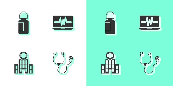 Set stéthoscope, flacon de gouttes ophtalmiques, bâtiment de l'hôpital médical et ordinateur portable avec icône de cardiogramme. Vecteur — Image vectorielle