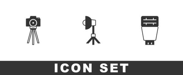 Set Fotokamera, Softbox-Licht und Blitz-Symbol. Vektor — Stockvektor