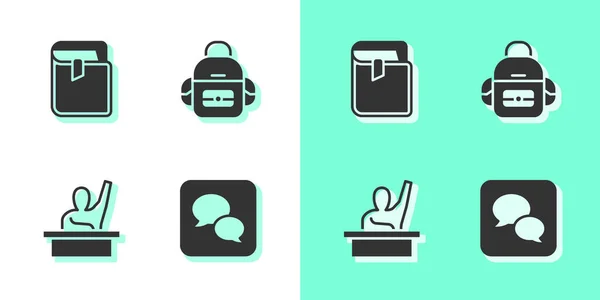 Set Speech bubble chat, Book, Male kid raising hand and School backpack icon. Vector — Stock Vector