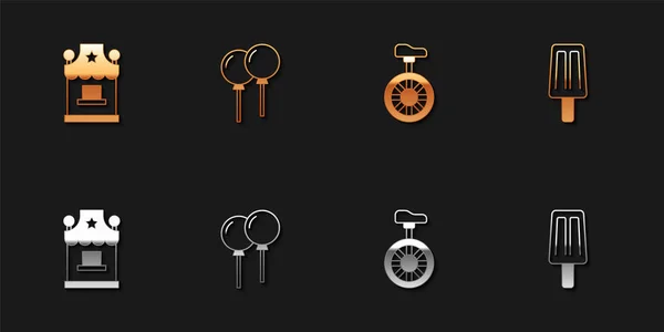 Set taquilla, globos con cinta, monociclo o bicicleta de una rueda e icono de helado. Vector — Archivo Imágenes Vectoriales