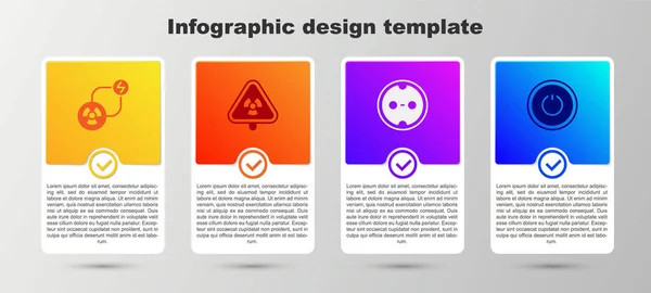 Imposta energia di scambio radioattivo, triangolo con radiazione, presa elettrica e pulsante di accensione. Modello di infografica aziendale. Vettore — Vettoriale Stock