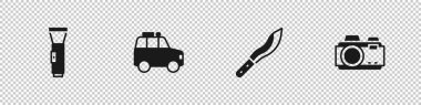 Flashlight, Car, Machete ve Photo kamera ikonunu ayarla. Vektör