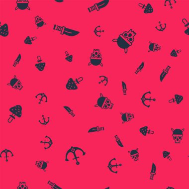 Anchor, Hançer, Mantar ve Kafatası 'nı Viking miğferiyle kusursuz desenlere ayarlayın. Vektör