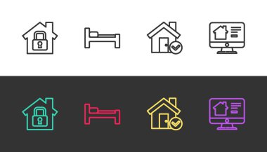 House 'u koruma altına al, yatak, işaretli ve online emlak evi siyah beyaz. Vektör