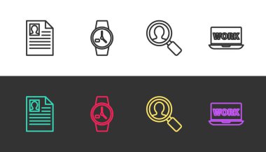 Özgeçmiş, bilek saati, arama yapan insanlar için büyüteç ve siyah-beyaz yazılı dizüstü bilgisayar ayarla. Vektör