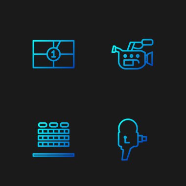 Retro sinema kamerası, koltuklu sinema salonu, eski film geri sayım çerçevesi ve... Renk simgeleri. Vektör