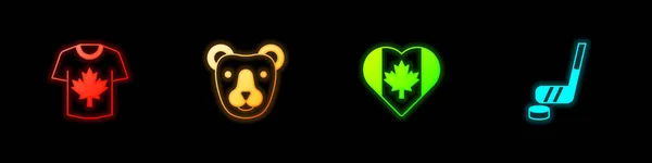 Conjunto de jersey de hockey, cabeza de oso, bandera de Canadá en forma de corazón y palo de hockey sobre hielo y puck icono. Vector — Vector de stock
