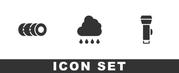 Establecer rollo de manta, Nube con lluvia e icono de linterna. Vector — Vector de stock