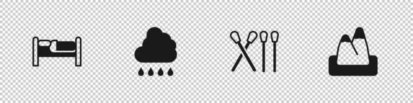 Set Bett, Wolke mit Regen, Streichholz und Berge-Symbol. Vektor — Stockvektor