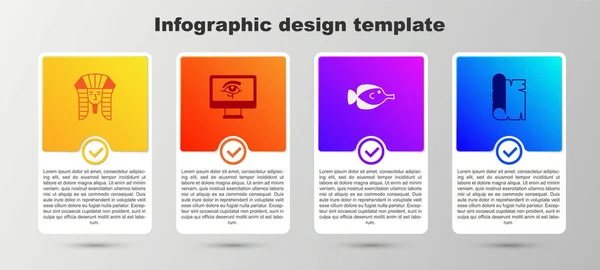 Zet Egyptische farao, oog van Horus op monitor, Vlindervis en Papyrus scroll. Bedrijfsinfographic sjabloon. Vector — Stockvector