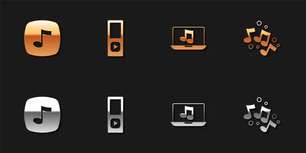 Stel Muzieknoot, toon, speler, laptop met muziek en icoon. Vector — Stockvector