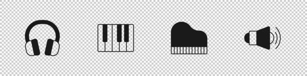 Набор наушников, синтезатор музыки, рояль и иконка Мегафона. Вектор — стоковый вектор