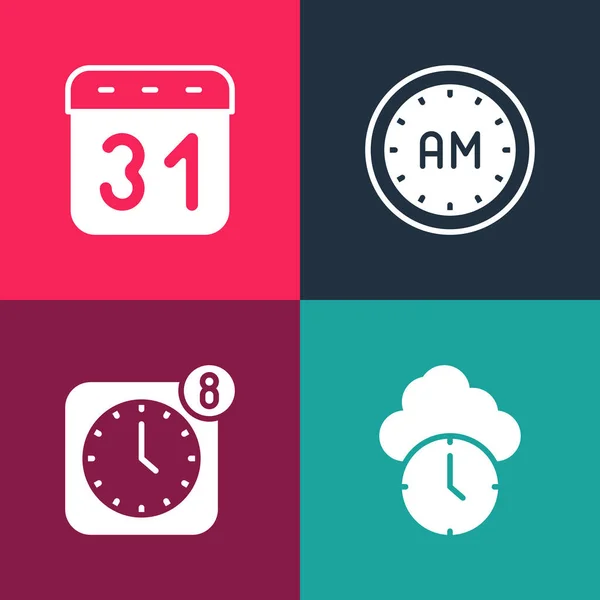 Установить поп-арт часы, мобильное приложение "Часы", иконку "Утро" и "Календарь". Вектор — стоковый вектор