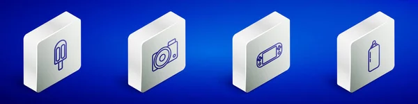 Set Isometrische Linie Eis, Fotokamera, tragbare Videospielkonsole und Boxsack-Symbol. Vektor — Stockvektor
