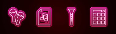Maracas 'ı ayarla, notalı müzik kitabı, klarnet ve davul makinesi. Parlayan neon ikonu. Vektör