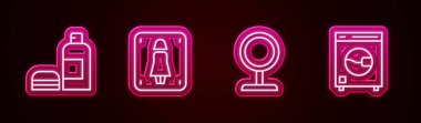 Bir şişe şampuan, kadın tuvaleti, yuvarlak makyaj aynası ve çamaşır makinesi. Parlayan neon ikonu. Vektör