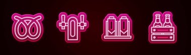 Pretzel, bira musluğu, demleme işlemi ve bir paket bira şişesi ayarla. Parlayan neon ikonu. Vektör