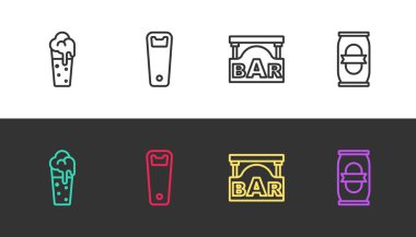 Bardak bira, şişe açacağı, Bar ve Bira kutusunun olduğu tabela. Vektör