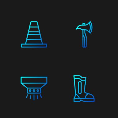 Çizme, yangın söndürme sistemi, trafik konisi ve itfaiyeci baltası. Renk simgeleri. Vektör