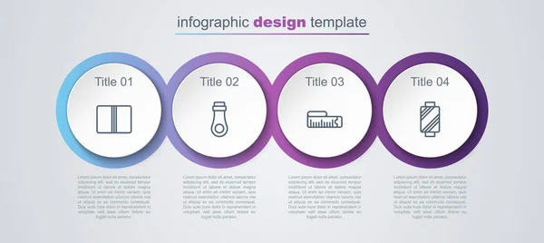 Set line Rollo de tela textil, cremallera, cinta métrica e hilo de coser en carrete. Plantilla de infografía empresarial. Vector — Archivo Imágenes Vectoriales