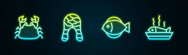 Ustaw linię kraba, stek rybny i podawane ryby na talerzu. Świecąca neonowa ikona. Wektor — Wektor stockowy
