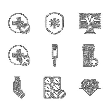 Tıbbi termometreyi, şişede hapları, kalp atış hızını, ilaç şişesini, solunum cihazını, Cross hastanesinin sağlık raporunu, kardiyogram ve ikonlu monitörü ayarla. Vektör