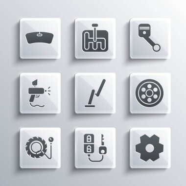 Anahtarı uzaktan kumandalı, vitesli, alloy tekerlekli, ön ekran silecekli, lastik basınçlı göstergeli, boya sprey tabancalı, ön kalkan ve motor piston ikonlu ayarla. Vektör