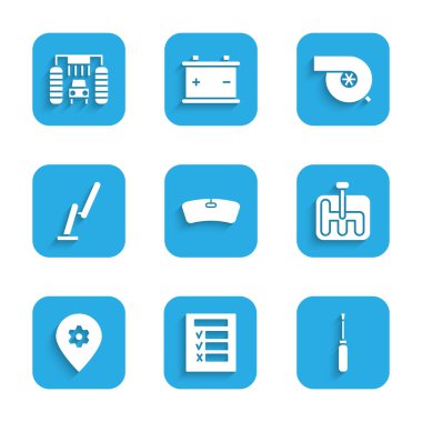 Ön cam, araba denetimi, tornavida, vites kolu, araba servisli konum, cam sileceği, otomotiv turbo şarj aleti ve çamaşır ikonu ayarla. Vektör