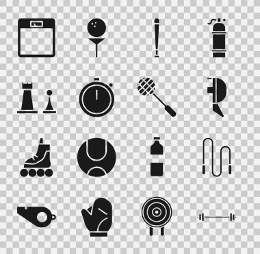 Barbell, atlama ipi, eskrim başlığı maskesi, beysbol sopası, Stopwatch, Satranç, banyo terazisi ve tenis raketi ikonu. Vektör