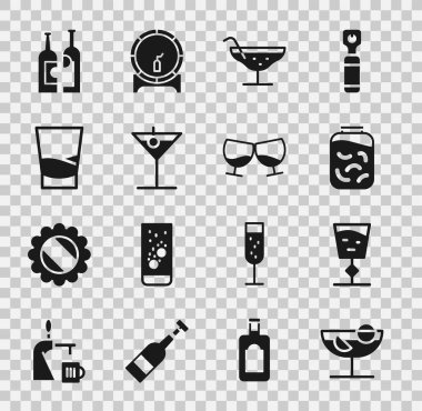 Kokteyl, şarap kadehi, salatalık turşusu kavanozu, martini, bir bardak votka, şişe şarap ve konyak veya brendi ikonu. Vektör