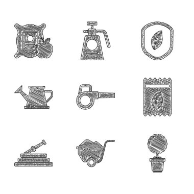 Yaprak üfleyici, toprak kaplı el arabası, saksıda çiçek, bitki tohumu dolu paketler, bahçe hortumu ya da yangın hortumu, su kovası, kalkan yaprağı ve elma çuval ikonu. Vektör