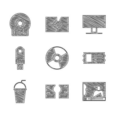 CD ya da DVD diski, deste kağıt para, çevrimiçi oyun videosu, sinema bileti, samanlı kağıt bardak, USB flash disk, Smart Tv ve simge. Vektör