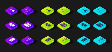 Mobil 'i parmak izi taraması, Key, Lock' u bilgisayar monitörüne, House dahili iletişim sistemine, kırık kilit ve simgeye ayarlayın. Vektör