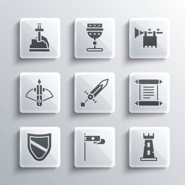 Ortaçağ bayrağı, kale kulesi, kararname, parşömen, parşömen, parşömen, kılıç, kalkan, oklu savaş oku, taştaki kılıç ve trompet ikonu. Vektör