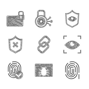 Zincir bağlantısını, sistem hatasını, parmak izini, göz taramasını, çapraz işaretli kalkanı ve kredi kartı kilit simgesini ayarla. Vektör
