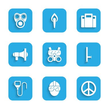 Gaz maskesi, Özel Kuvvetler askeri, Barış, Polis lastik copu, telsiz, megafon, saldırı kalkanı ve ikon. Vektör