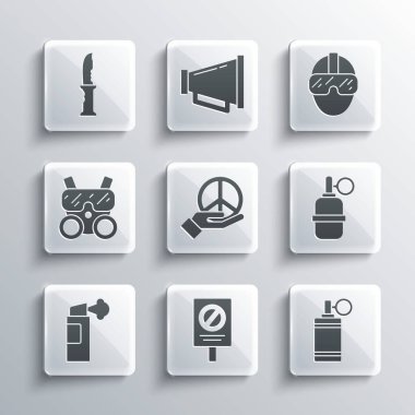 Protesto, el bombası, barış, biber gazı, gaz maskesi, askeri bıçak ve Özel Kuvvetler askeri ikonu hazırlayın. Vektör