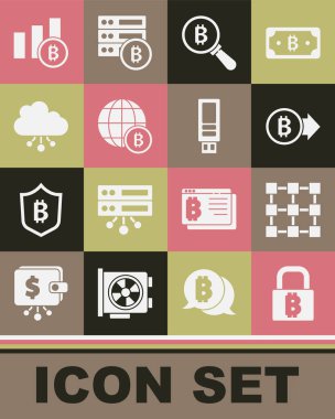 Kilidi bitcoin, Blockchain teknolojisi, Bitcoin, büyüteç, Globe, Cryptocurrency bulut madenciliği, Pie grafik bilgisi ve USB flash disk simgesi ile ayarla. Vektör