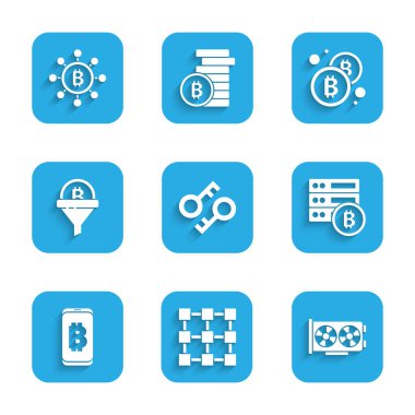 Şifreleme anahtarı, Blockchain teknolojisi, Video grafik kartı, Server bitcoin, cep telefonundan madencilik, satış hunisi, Bitcoin ve simge ile ayarlayın. Vektör