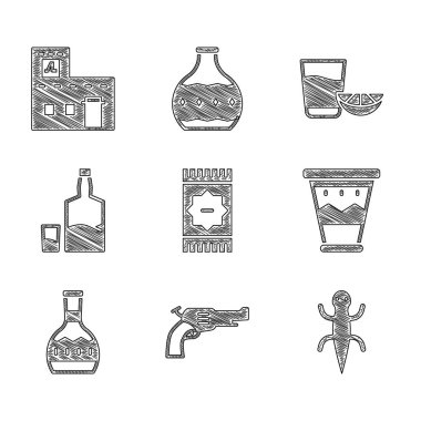 Meksika halısı, Revolver silahı, Kertenkele, davul, tekila şişesi ve limon ve ev ikonlu cam. Vektör