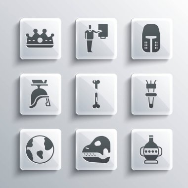 Dinazor kafatası, Antik amforalar, meşale alevi, insan kemiği, toprak küresi, Roma askeri miğferi, kral tacı ve ortaçağ demir ikonu. Vektör