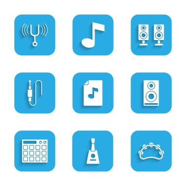 Müzik kitabını nota, Balalaika, Tef, Stereo hoparlörü, Bateri Makinesi, Ses Kriko ve Müzik Ayar Çatalı ikonu ile ayarla. Vektör