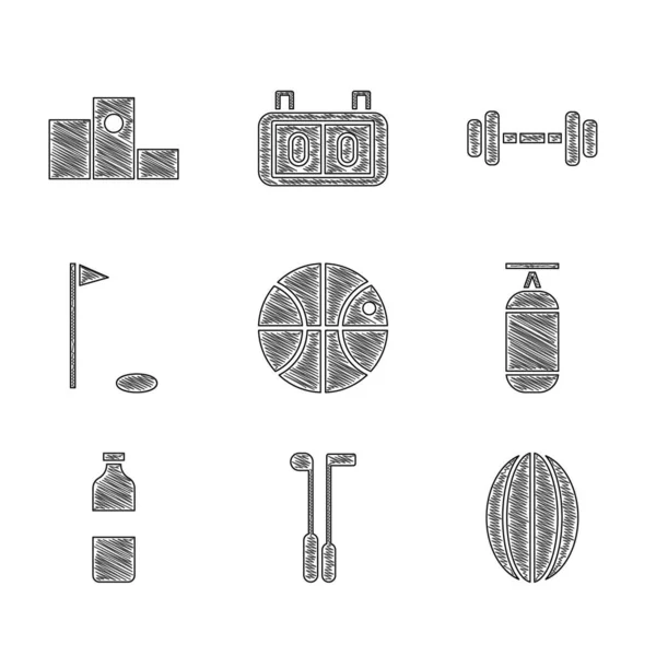 Set Balón de baloncesto, club de golf, rugby, saco de boxeo, botella de agua, bandera, mancuerna y premio sobre el icono del podio ganador de deportes. Vector — Archivo Imágenes Vectoriales