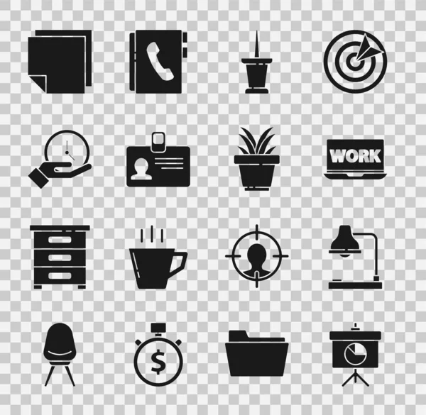 Set Chalkboard with diagram, Table lamp, Laptop text work, Push pin, Identification badge, Clock, Post note stickers and Plant pot icon. Vector – Stock-vektor