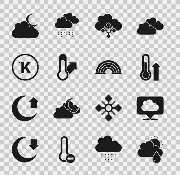 Establecer Nube con lluvia y sol, Ubicación nube, Meteorología termómetro, nieve, Kelvin, luna y el arco iris icono. Vector — Archivo Imágenes Vectoriales