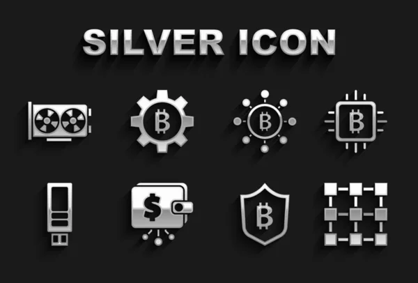 Set Kryptowährungs-Brieftasche, CPU Mining Farm, Blockchain-Technologie, Schild mit Bitcoin, USB-Stick, Bitcoin, Grafikkarte und Symbol. Vektor — Stockvektor
