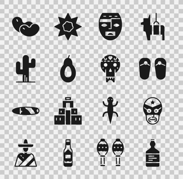 Set Botella de tequila, luchador mexicano, chanclas, máscara azteca, aguacate, cactus, frijoles e ícono de cráneo. Vector — Vector de stock